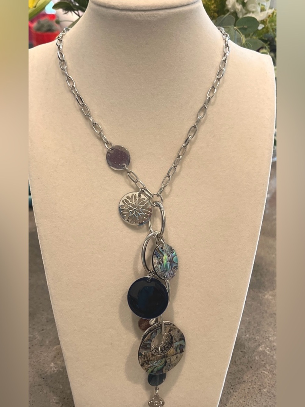 Lia Sophia Neptune Silver-Tone Multi-Disk Necklace with Blue and Abalone Accents